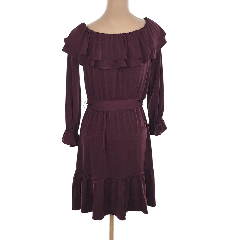 Michael Michael Kors Dress Womens S Burgundy Ruffle Belted Long‎ Sleeve Casual